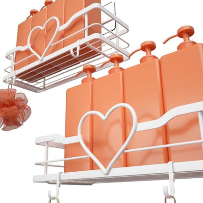 White Heart Shower Caddy,No Drilling Adhesive Shelves,2 Pack | Shower Shelf with 4 Removable Hooks,Holds 40 lbs,Rustproof Metal,For bathroom,kitchen,dorm,Cute Shower Organizer - color: White