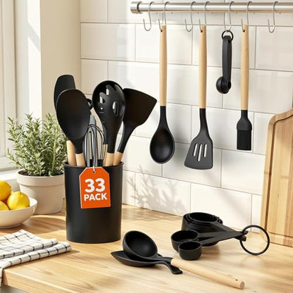 33Pcs Kitchen Utensils Set Silicone Cooking Utensils Set with Wooden Handle | Heat-Resistant, Dishwasher Safe, BPA-Free Silicone Kitchen Utensil Set with Wooden Handles & Holder for Nonstick Cookware - color: Black