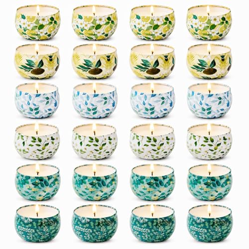 24 Pack Mini Scented Candles for Party Favors, 2.5 oz Soy Wax Tin Candle Gift Set, 6 Fresh Botanical Scents x 4 Each, Small Gifts for Bridal Shower, Baby Shower, Wedding Favors, Teachers - size: Summer 24-Candle Set