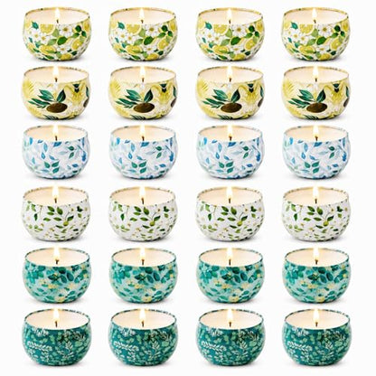 24 Pack Mini Scented Candles for Party Favors, 2.5 oz Soy Wax Tin Candle Gift Set, 6 Fresh Botanical Scents x 4 Each, Small Gifts for Bridal Shower, Baby Shower, Wedding Favors, Teachers - size: Summer 24-Candle Set