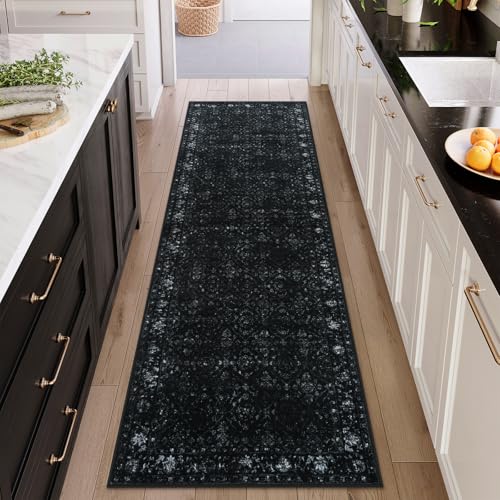 Hedlive Vintage Black Washable Hallway Runner Rug, 2.6x8 Non Slip Runnersfor Hallways Entrance Indoor,Extra Long Kitchen Rug Runner, Soft Floor Carpet for Entry Laundry Bedroom (2'6"x8', Black) - color: Black, size: 2'6" x 8' (Runner)