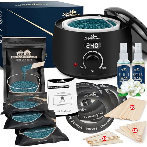 Lifestance Waxing Kit for Women & Men - L2 Digital Wax Pot Warmer | Brazilian & Bikini Hair Removal Kit with 14.1oz Hard Wax Beads & 42 Accessories, Professional for Face, Leg, Eyebrow - color: LCD (Black) Kit