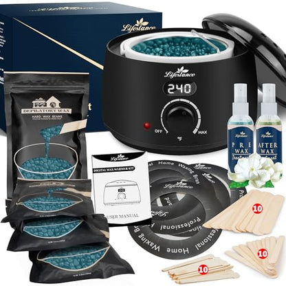 Lifestance Waxing Kit for Women & Men - L2 Digital Wax Pot Warmer | Brazilian & Bikini Hair Removal Kit with 14.1oz Hard Wax Beads & 42 Accessories, Professional for Face, Leg, Eyebrow - color: LCD (Black) Kit