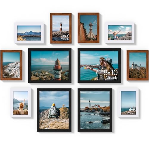 Vittanly 12 Pack Gallery Wall Frame Set, Black, Walnut Brown, White | Gallery Wall Frame Set: 4pcs 8x10, 4pcs 5x7 & 4pcs 4x6 Photos for Wall & Table, Picture Frames made of Engineered Wood - color: Black & Walnut Brown & White