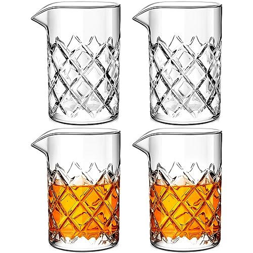 4 Pcs Cocktail Mixing Glass 24 oz Crystal Stirring Glass Thick Bottom Seamless Cocktail Pitcher for Home Bartender Bar Whiskey Martini Drink Shaker Accessories (Grid) - color: Classic, size: 24 oz