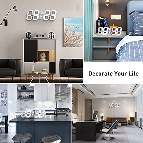 EDUP HOME® 3D LED Digital Wall Clock with Remote Control, 9.7 Inch, White | Desk Alarm Clock with Night Light, Adjustable Brightness, 12/24H, Time, Date & Temperature for Home or Office - color: Cool Lights 9.7" Led Clock + White Design