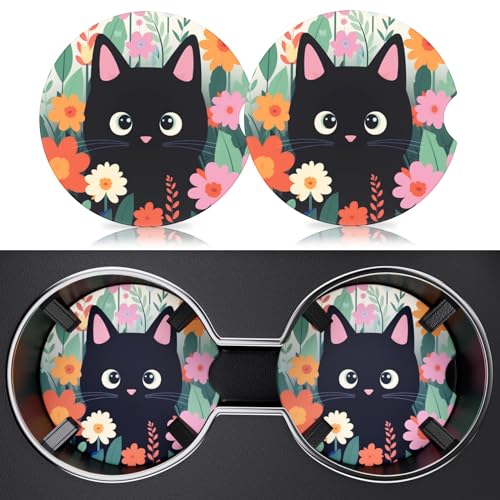 2 Pack Car Cup Holder Coaster, 2.63 inch Anti Slip Insert Absorbent Ceramic Car Coaster with Cork Base and Finger Notch, Cute Car Accessories Interior for Women, Cute Car Coasters., CH0025 - color: Black Cat