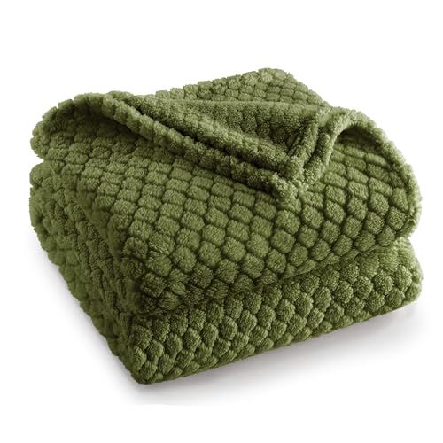 Exclusivo Mezcla Soft Fleece Throw Blanket for Couch, Olive Green | Jacquard Lightweight Cozy Throws for Bed, Sofa, Breathable Decorative Fuzzy Textured All Season Use, 50x60 Inches - color: Olive Green, size: Throw ( 50x60 IN )