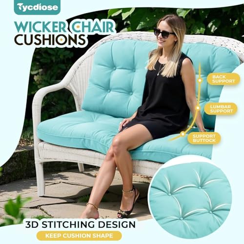 All Weather Outdoor Wicker Chair Cushions of 3 Pieces, Waterproof Outdoor Wicker Chair Cushion for Patio Furniture Loveseat Settee Bench, 1 Loveseat and 2 U-Shaped Thickened Cushions, Teal - color: Teal