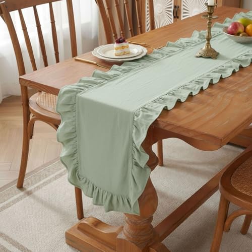 HunnmingRe Green Ruffled Table Runner 118 inch Scalloped Table Runner Cotton Flounces Washable Shabby Farmhouse Rustic Home Kitchen Decoration for Wedding Rectangle Bride Shower Christmas Party - color: Green, size: 14 x 118 Inch