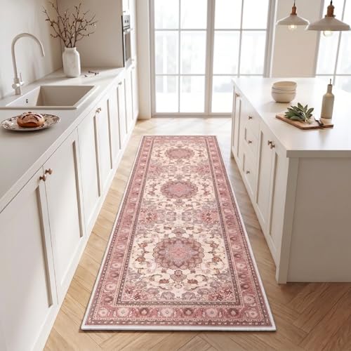 Boho 2x6 Hallway Runner Rug Indoor Machine Washable Vintage Area Rug with Non-Slip Backing Moroccan Runner for Entryway, Hallway, Kitchen, Bedroom, Bathroom, Laundry, Door Entrance Mat Carpet Decor - color: Pink, size: 2' x 6' (Rectangular)
