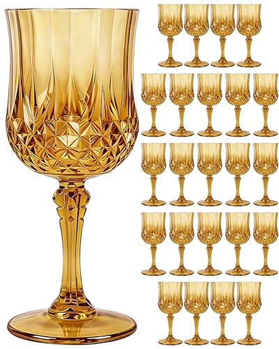 24PCS Amber Plastic Wine Glasses 7oz Acrylic Goblets Unbreakable | Shatterproof, Reusable & Disposable, Vintage Drinking Glasses with Stem, for Wedding Outdoor Dinner Party Bridal Shower - color: Amber