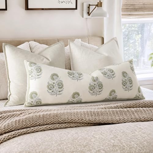 Vintage Floral 14x36 Lumbar Pillow Cover for Bed Pack of 1, Double-Sided Botanical Print Decorative Long Pillowcase Farmhouse Cushion Cover for Sofa Couch Living Bed Room, Sage Green (Cover Only) - color: Sage Green, size: 36" x 14" (Pack of 1)