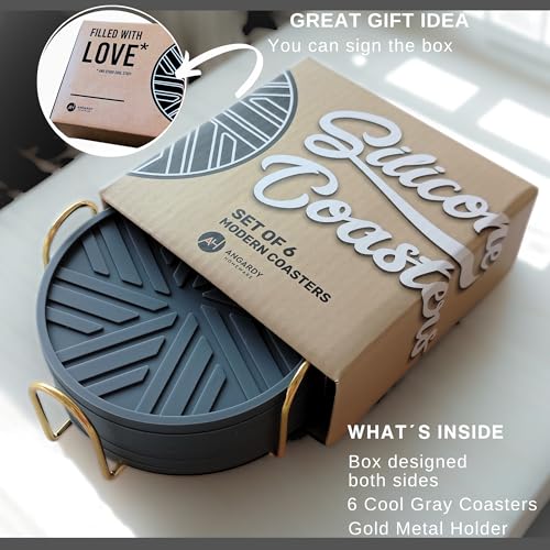 Silicone Coasters Set of 6 & Gold Holder with smart Modern Groove Patterns - Blue Gray - color: Dusty Blue