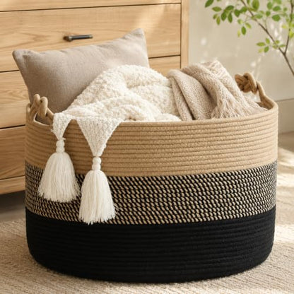 KAKAMAY Large Blanket Basket (20"x13"),Woven Rope Baskets for storage Baby Laundry Hamper, Cotton Rope Blanket Basket for Living Room, Laundry, Nursery, Pillows,Baby Toy chest (Jute/Black) - color: Black