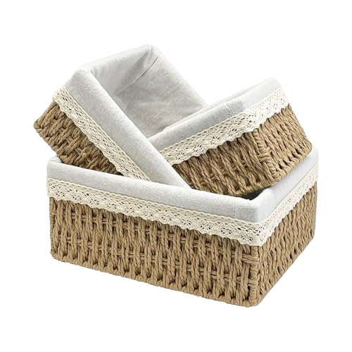 Wicker Storage Baskets Set of 3, Handwoven Paper Rope Organizer Bins with Removable Floral Liner, Small Medium Large for Bathroom, Pantry, Shelf, Countertop, Closet (Camel, L+M+S) - color: Camel, size: L+M+S