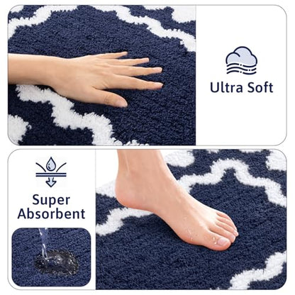 Findosom Bathroom Rugs Sets 5 Piece, Absorbent Soft Non-Slip Bath Rug Set | Washable Microfiber Shaggy Bath Mat Set with Bathroom Runner Rug, U-Shaped Toilet Rugs, Shower Rug & Toilet Lid Cover, Navy - color: Navy & White, size: 18"x26"+20"x32"+20"x48"+U