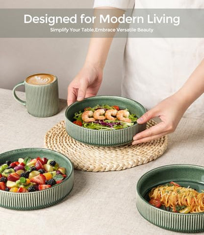 GBhome 7.5 Inch Pasta Bowls Set of 6, Ceramic Salad Bowls, Dark Green | Double Reactive Glaze Bowls for Pasta, Noodles & Fruit, Scratch Resistant, Microwave & Dishwasher Safe - color: Dark Green, size: Set of 6