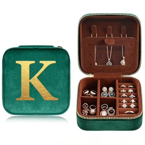 Personalized Jewelry Box Travel Jewelry Case For Women Vintage Green Plush Velvet Gifts For Family Member Friends For Carrying During Short Trips Business Trips Travel Essentials Letter K - color: K