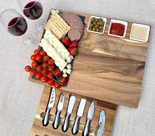 Personalized Acacia Wood Charcuterie Board Set – Large Slate Cheese Board with Knife Drawer – Custom Wedding, Anniversary, Thanksgiving & Christmas Gift - color: Design #40