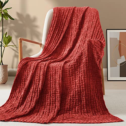 RUDONG M Rust Chenille Knit Throw Blanket, Cozy Soft Cable Knitted Blankets, Warm Chenille Knitted Blanket for All Seasons, Textured Fluffy Throw Blanket for Couch, Bed, Sofa, 60"x 80" - color: Rust, size: Twin(60" x 80")