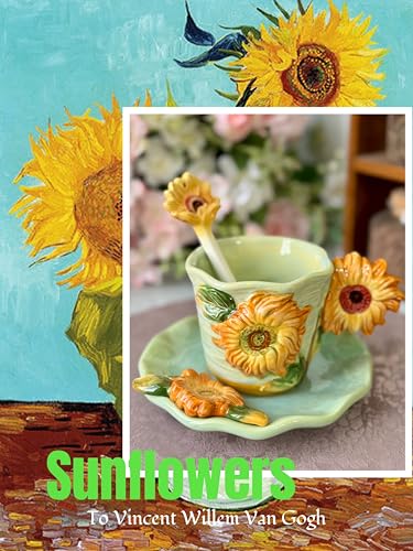 Ceramic Sunflower Coffee Mug and Saucer set with Spoon,3D Handmade and Hand-painted Tea Mug, 6OZ