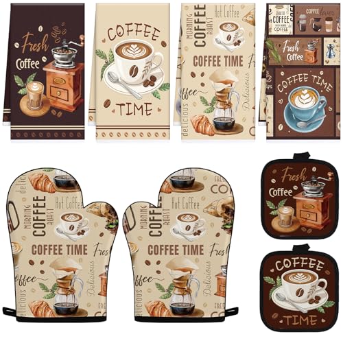 Coffee Kitchen Decor Set, 8 PCS Rugs Oven Mitts Pot Holders and Hand Towels Accessories, Vintage Coffee Home Decorations Gift for Cooking Baking - color: Coffee