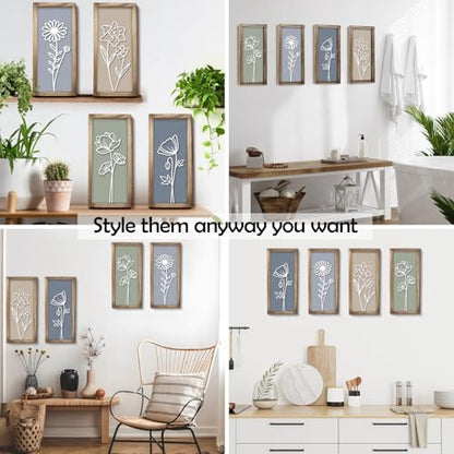 3D Wooden Floral Wall Art, 4 Pcs 7 x 16 Inch Flower Wood Carving Framed Bathroom Wall Decor for Living Room Bedroom Office, Rustic Farmhouse Boho Botanical Hangings