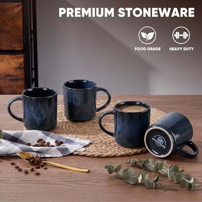 E-far Coffee Mugs Set of 4, 12 oz Stoneware Coffee Cups with Handle for Latte, Tea, Cocoa, Milk, Modern Ribbed Ceramic Mugs for Man Woman, Microwave & Dishwasher Safe, Midnight Blue - color: Midnight Blue