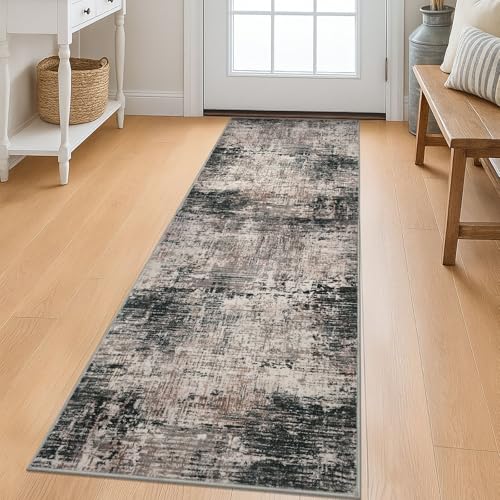 KILOCOCO Abstract Runner Rug 2x6 ft Washable Hallway Runner, Black/Brown | Machine Washable Kitchen Runner, Non Slip Entryway Runner, Printed Carpet Runners, Abstract Floor Runners, Soft Bedside Rug - color: Black/Brown, size: 2' x 6' (Runner)