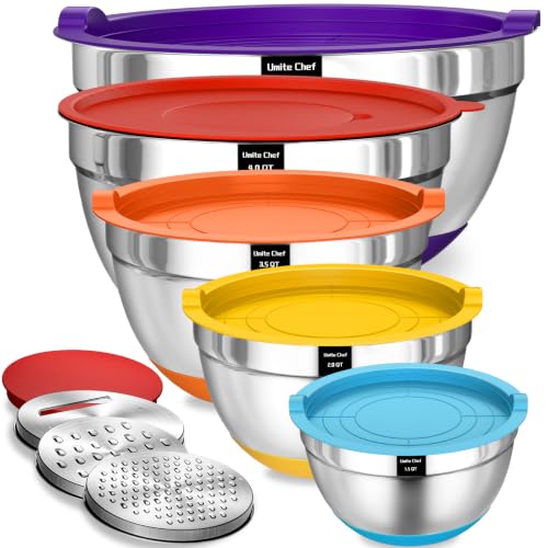 Umite Chef Mixing Bowls with Airtight Lids Set, 8PCS Stainless Steel Nesting Bowls Set, 3 Grater Attachments & Non-Slip Bottoms, Size 5, 4, 3.5, 2, 1.5QT for Baking & Mixing(Colorful) - color: Corlorful