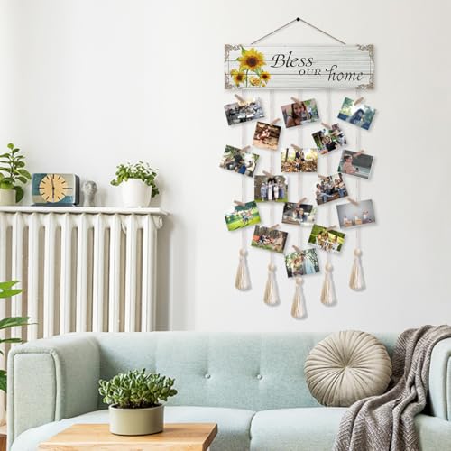 Bless Our Home Family Photo Hanging Display Board with 16 Clips, Rustic Wood Picture Collage Frame with Tassels Farmhouse Wall Decor - color: Bless Our Home