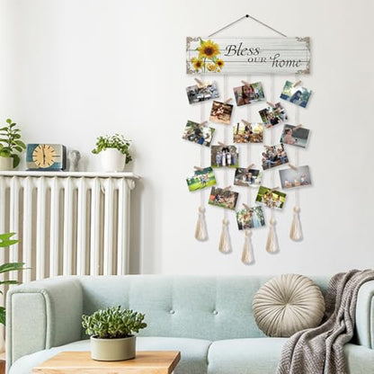 Bless Our Home Family Photo Hanging Display Board with 16 Clips, Rustic Wood Picture Collage Frame with Tassels Farmhouse Wall Decor - color: Bless Our Home