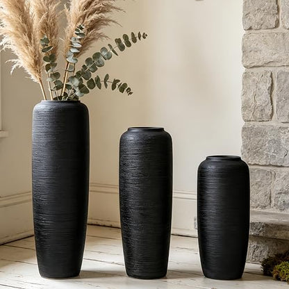 Black Rustic Ceramic Floor Vase, 19.7 Inch, Ribbed Texture | Living Room, Entryway, Fireplace, Pampas Grass, Dried Branches - size: 19.7 Inch