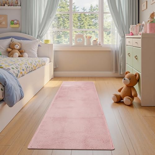 jinchan 2x6 Solid Plush Runner Rug Shaggy Washable Hallway Rug, Pink | Soft, Cozy, Non-Slip, Modern, Faux Wool, Performance Rug, Floor Carpet, Entryway, Bathroom, Kitchen, Laundry Room, Bedroom - color: Solid Pink, size: 2' x 6' (Rectangular)