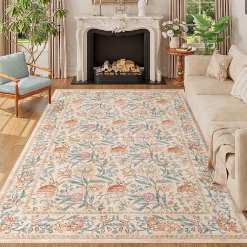 DUKINO 5x7 Area Rugs, Vintage Floral Washable Rug for Living Room, Beige | Non Slip, Low Pile, Non-Shedding, Stain Resistant Lightweight Boho Soft Carpet for Bedroom Home Office Dining Room Farmhouse - color: Beige Peach, size: 5' x 7' (Rectangular)