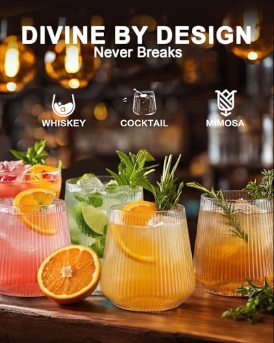 40 Pack Plastic Wine Glasses, 12 Oz Disposable Cocktail Whiskey Glasses | Ribbed Stemless Champagne Margarita Glasses, Clear Unbreakable Reusable Plastic Cups for Party Wedding Birthday - color: Ripple-40 Pack