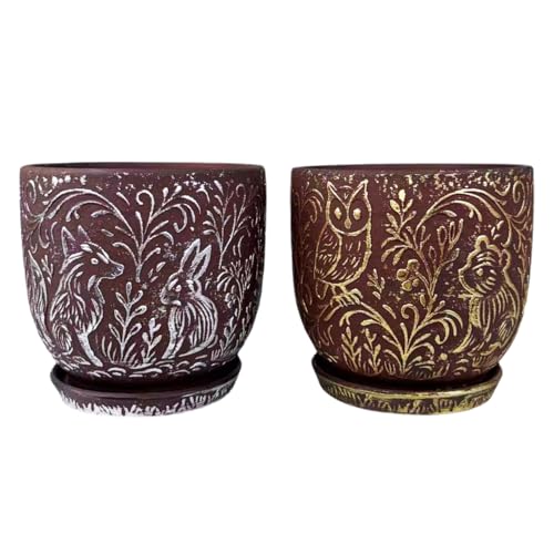 Decorative Ceramic Planter Pot with Saucer, Brown with Gold and Silver Owl Pattern, Indoor Garden Container with Drainage (G&S, 6 inch) - color: G&s, size: 6 inch