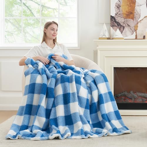 Cozy Bliss Luxury Sherpa Throw Blanket for Couch, Premium Reversible Buffalo Plaid Thick Throw, Warm Cozy Soft Blanket for Home and Gifts (Light Blue, 60" x 80") - color: Buffalo Plaid-light Blue, size: Twin(60" x 80")