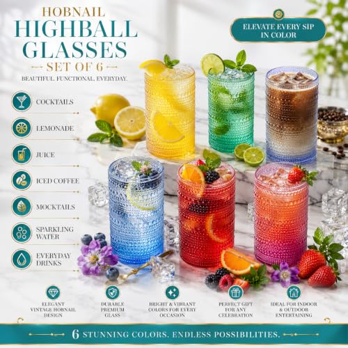 Khen Plastic Hobnail Drinking Highball Glasses Set of 6 Bright Tones Cups 14oz, Shatterproof & Unbreakable Acrylic Beaded Design, BPA-Free, Dishwasher Safe Indoor/Outdoor Drinkware Water, Cocktails - color: Sunshine Colors, style: Set of 6