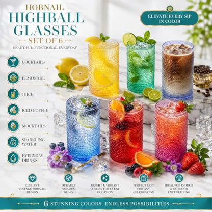 Khen Plastic Hobnail Drinking Highball Glasses Set of 6 Bright Tones Cups 14oz, Shatterproof & Unbreakable Acrylic Beaded Design, BPA-Free, Dishwasher Safe Indoor/Outdoor Drinkware Water, Cocktails - color: Sunshine Colors, style: Set of 6