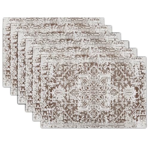 Gray Brown Boho Placemats Set of 6 Ethnic Bohemian Carpet Place Mats Washable Kitchen Dining Vintage Grey Geography Floral Linen Table Mats Stain Heat-Resistant for Home Party Indoor 12x18 in - color: Brown, size: 18x12 Inches set of 6