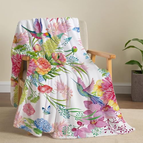 Hummingbird Throw Blanket Floral Flower Throw Blanket Spring Colorful Flannel Fleece Throw Blankets Gifts for Women Children Soft Cozy Plush Throw Blankets 50" x 60" - color: Hummingbird Flower, size: 50" X 60"