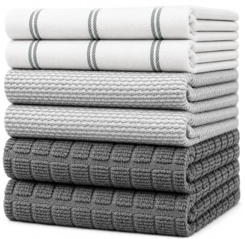 Premium Kitchen Towels 6 Pack 100% Cotton, 20"x28" Dish Towels - Grey Check | Large Flat & Terry Kitchen Linen Set with Hanging Loops, Highly Absorbent for Washing and Drying Dishes - color: Grey Check, size: Kitchen Towels - Mixed Styles