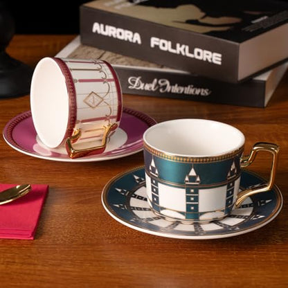 KAMMAK Tea Cups and Saucers Set of 2, Porcelain Coffee Cups, NX041 | Gold Rim, Stackable Espresso Mugs, Ceramic Demitasse for Coffee, Latte, Americano, Afternoon Tea, Elegant Gift for Women - size: 8CZNX041+42