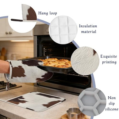 Brown Cowhide Potholders & Oven Mitts Sets Cow Print Skin Print Silicone Heat Resistant Oven Mits and Hot Pads Non-Slip Pot Holders Gloves for Kitchen Chef Cooking Baking Grilling BBQ - color: Brown Cowhide,cow Print Skin Print