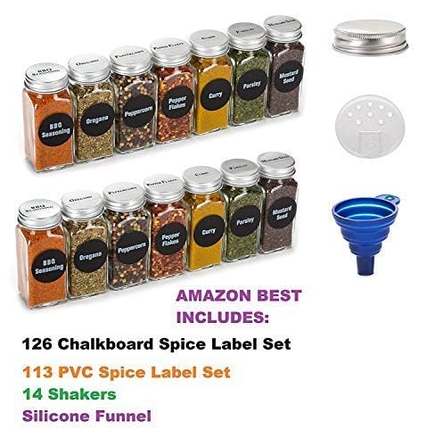4oz, BEST VALUE 14 Glass Spice Jars includes pre-printed 113 CLEAR PVC labels & round 126 CHALKBOARD labels. 14 Square Empty Jars, Airtight Cap, kitchen Funnel Pour/Sift Shakers