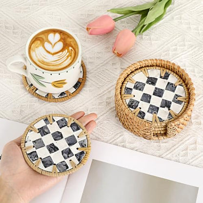 Boho Coastal Coasters Set of 6, Handwoven Rattan Coasters with Holder - Drink Coaster for Coffee Table, Boho Coaster for Home Decor, Rattan & Mother of Pearl, 4 Inch(Checkered Pattern) - style: Checkered Pattern
