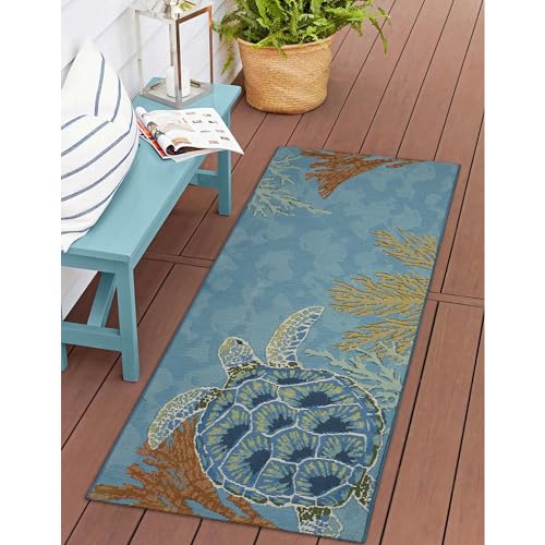 Liora Manne Esencia Machine Washable Non-Slip Low Profile Indoor/Outdoor Mat-Transitional, Coastal, Turtle, Whimsical, Seaturtle Garden Ocean 1'11" x 4'11" - color: Seaturtle Garden Ocean, size: 1'11" x 4'11" (Rectangular)