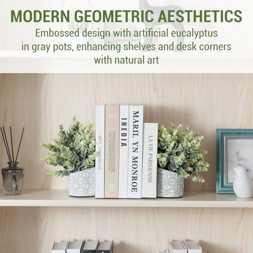 MyGift L Shaped Bookends with Faux Eucalyptus, Gray Concrete Pot, 2pc | Decorative bookends keep books upright while faux eucalyptus and an embossed planter add low-maintenance greenery to shelves - color: Artificial Eucalyptus